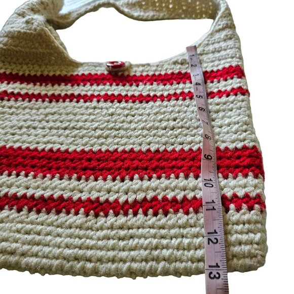 Hand Crochet Large Red White Striped Wool Boho Handmade Purse Crossbody 14x12 - Picture 5 of 6